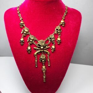 Gold Tone Skull & Crossbones Statement Necklace Gothic Punk Bones Chain Cosplay